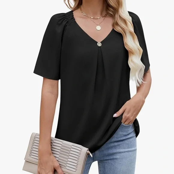 Chic Black V-Neck Women's Blouse - Picture 2 of 4